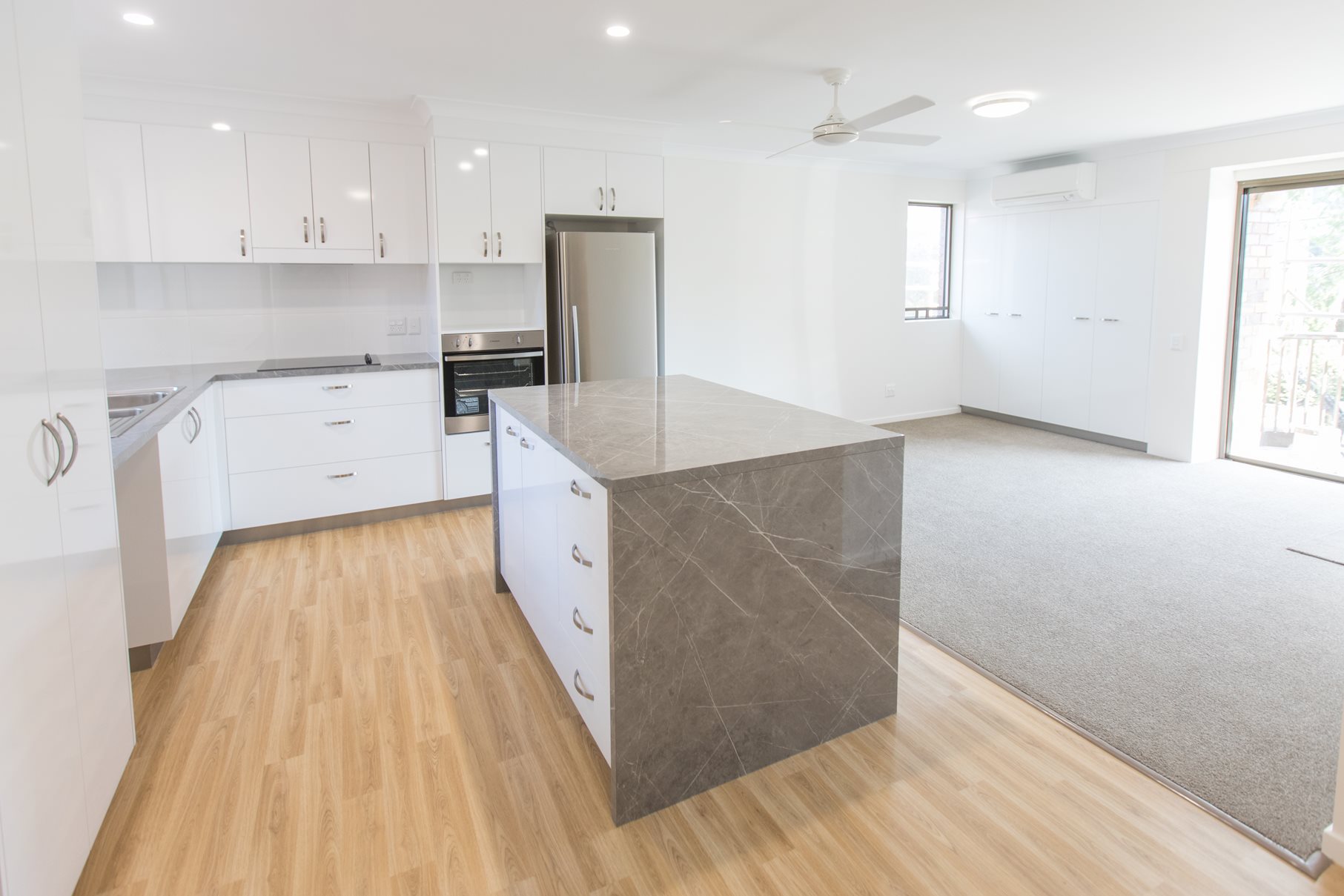 Spacious living room and kitchen