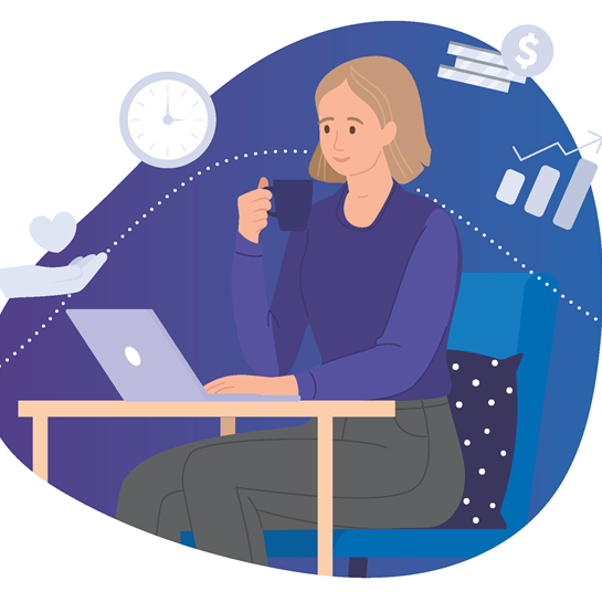 carer sitting behind a laptop with lots of images behind her