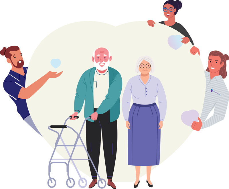 an older couple with st vincent's staff smiling around them