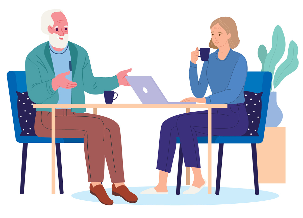 illustration of a carer and a client having a coffee and chat